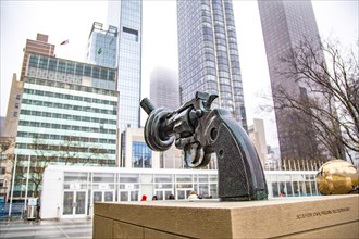 Gun sculpture Non Violence in front of the UN headquarters in New York