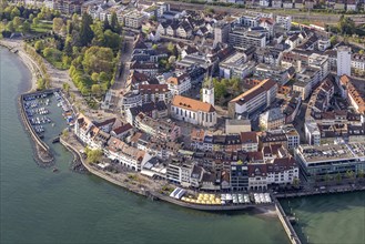 Zeppelin flight over Lake Constance, aerial view, harbour and lakeside promenade, Friedrichshafen,