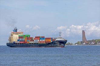 Container ship, naval memorial, Laboe, Kiel Fjord, Kiel, Schleswig-Holstein, Germany, Europe