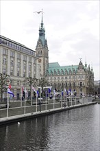 Hamburg City Hall and City Hall Market, Hamburg, Germany, Europe, The Hamburg City Hall with waving