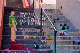 Feminist painting of stairs, we draw without violence without machismo in equality, alley