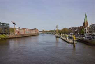 Weser with Martinianleger, Teerhof, Weser Promenade and St. Martini Church in Bremen, Hanseatic