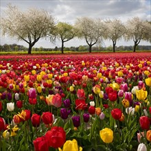 Splendid mixture on the tulip field in front of blossoming fruit trees, Grevenbroich, Lower Rhine,