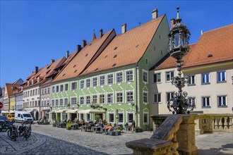 Pointed gable houses, chimneys and dormers in Pfarrgasse, Kaufbeuern, Allgaeu, Swabia, Bavaria,