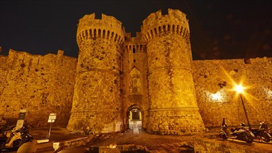 Sea Gate, Thalassini Gate, The majestic city wall of a fortress, illuminated by street lamps at