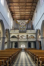 Organ loft and coffered ceiling, St Martin's Church, Kaufbeuern, Allgaeu, Swabia, Bavaria, Germany,