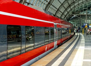 Red carriages, Deutsche Bahn at the main railway station, Berlin, Germany, Europe