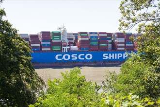 Cosco container ship on the Elbe, Blankenese district, Hamburg, Germany, Europe
