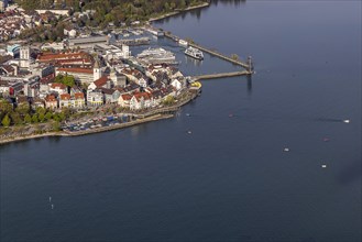 Flight in a zeppelin over Lake Constance, aerial view, Friedrichshafen with marina, harbour pier