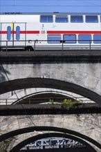 Railway bridges at Nordbahnhof with InterCity IC, infrastructure of Deutsche Bahn AG, concrete arch