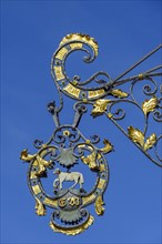 Wrought iron nose shield with lamb, Kaufbeuern, Allgaeu, Swabia, Bavaria, Germany, Europe