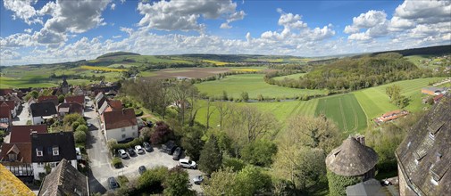 Panoramic view from large castle tower tower of 13th century castle today castle hotel Trendelburg