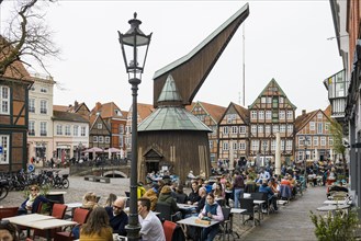 Half-timbered houses and restaurants in the old town, Buxtehude, Altes Land, Lower Saxony, Germany,