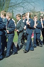 Children on the day of their first communion, boys, procession, Bamberg, Upper Franconia, Bavaria,