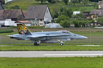 Swiss Air Force squadron aircraft J-5011 of the type McDonnell Douglas FA 18C Hornet with tiger