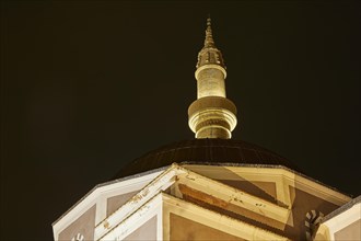 Suleiman Mosque, Minaret, Night view of an illuminated minaret against a dark sky, Night shot,