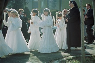 Children on the day of their first communion, girl, nun, procession, Bamberg, Upper Franconia,