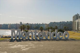 Montevideo, Uruguay, 11th January 2022, Montevideo sign on Pocitos beach, a very busy place for