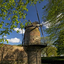 Town wall with mill tower of the historic windmill in Zons, Dormagen, Lower Rhine, North