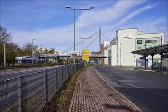 Reschop Carre shopping centre with Martin-Luther-Strasse, bus station, tram, pedestrian bridge and