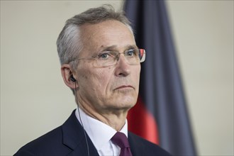 Jens Stoltenberg (NATO Secretary General) during a press conference with Olaf Scholz (Chancellor of
