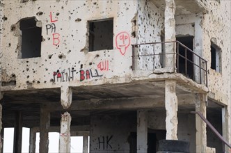 Beqaa, Lebanon, April 04, 2017: Marks of War, Lebanese house machine-gunned, bombed, destroyed by