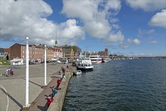 Church, buildings, excursion boats, people, fishing, clouds, harbour, Kappeln, Schlei,