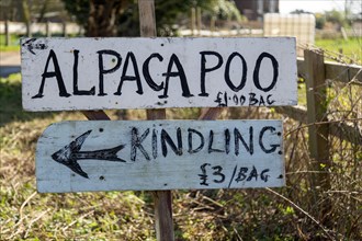 Sign for Bags of Alpaca poo and kindling on sale, Bawdsey, Suffolk, England, UK