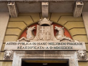 Facade with coat of arms, Sassari, Sardinia, Italy, Europe