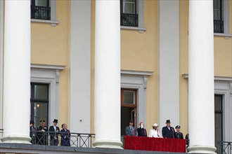 The royal family on the balcony of the castle, bank holidays 17 May, Norwegian flag, Oslo, Norway,