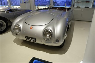 Silver-coloured classic car on display in a car museum with elegant lines, AUTOMUSEUM PROTOTYP,