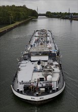 The motor tanker Wiki leaves the Wanne-Eickel lock system into the underwater, Rhine-Herne Canal,