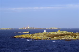 Rocky archipelago coast and a lighthouse, Bohuslaen, Gothenburg, Sweden, Europe