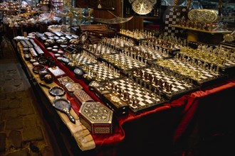 Shop selling chess plates, Gaziantep bazaar, Turkey, Asia