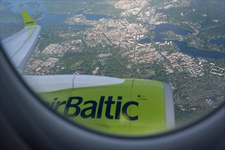 View from a passenger aircraft of the Latvian airline airBaltic, Riga, Latvia, Europe