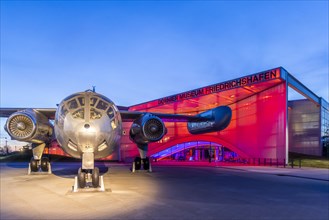 Dornier Museum in the evening with historic Do 31 E3 aircraft, Friedrichshafen, Baden-Wuerttemberg,
