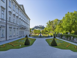 View of the Hohen Salzburg Fortress, Pegasus Fountain and Mirabelle plum Palace, Mirabelle gardens,