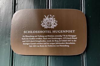 Information sign for Schlosshotel Schloss Hugenpoet with origins in the 8th century, Essen, North
