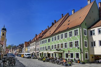 Pointed gable houses, chimneys and dormers in Pfarrgasse, Kaufbeuern, Allgaeu, Swabia, Bavaria,