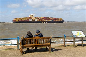 MSC Ellen container ship arriving at Port of Felixstowe, Suffolk, England, UK people viewing