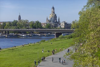 The Elbe cycle path on the Neustaedter Elbufer in front of Dresden's old town skyline, Dresden,