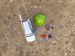 Aerial view, view from above, off-road car camping in the wilderness, Kyrgyzstan, Asia