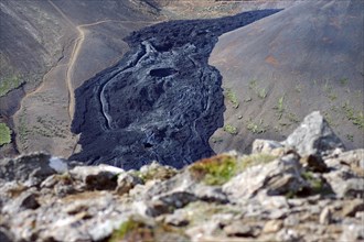 View of fresh lava fields, volcanic eruption at Fagradalsfjall, Grindavik, Reykjanes, Iceland,