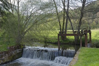 Weir on the Rot near Wielandsweiler, Mainhardter Wald, Schwaebisch-Fraenkischer Wald Nature Park,