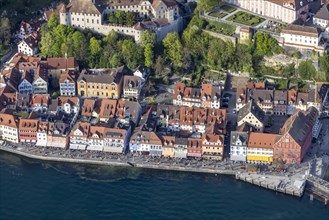 Old town and harbour promenade, castle and new castle, aerial view from a zeppelin, Meersburg on
