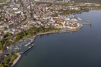 Flight in a zeppelin over Lake Constance, aerial view, Friedrichshafen with marina, harbour pier