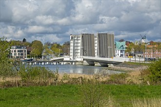 Open bascule bridge, Kappeln, Schlei, Schleswig-Holstein, Germany, Europe