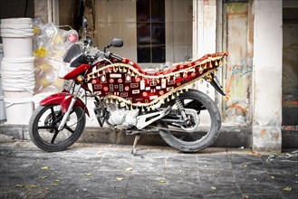 Adorned motorbike, Sanliurfa bazaar, Turkey, Asia