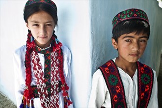 Traditionally dressed Pamiri children, Wakhan valley, Tajikistan, Central Asia, Asia