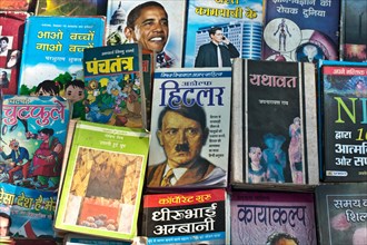 Hitler biography, book stall, second hand books on sale, Prayagraj, Uttar Pradesh, India, Asia